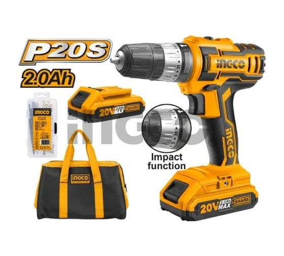 INGCO Шуруповерт аккумуляторный ударный Li-Ion 20W 2Ач 2шт 45 Нм 18+1+1
