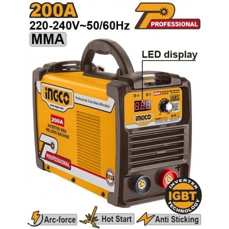 INGCO Аппарат сварочный инверторный INDUSTRIAL MMA 200А IGBT/ Ø электрода 1,6-4мм/ LCD дисплей
