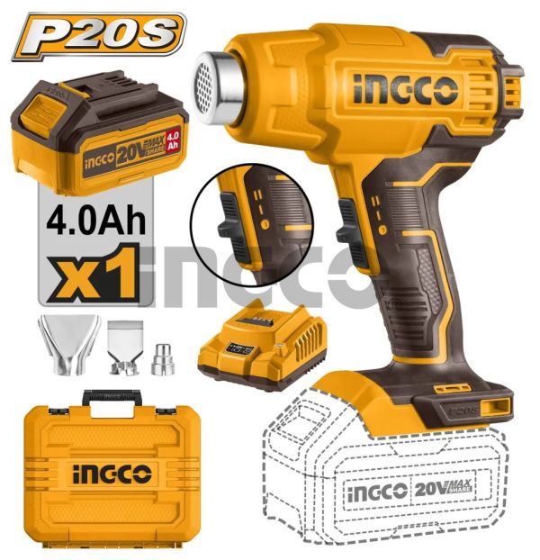 INGCO Фен аккумуляторный технический INDUSTRIAL 20W Li-ion 1x4 Ач/ 300 550°С