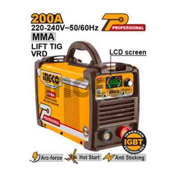 INGCO Аппарат сварочный инверторный INDUSTRIAL MMA/TIG 200А VRD IGBT/ Ø элек. 1,6-4мм/ ЖК дисплей