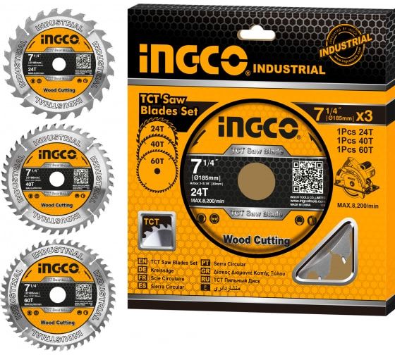 INGCO Набор пильных дисков по дереву INDUSTRIAL 3 шт/ 20T 40T 60T/ 185х30 мм