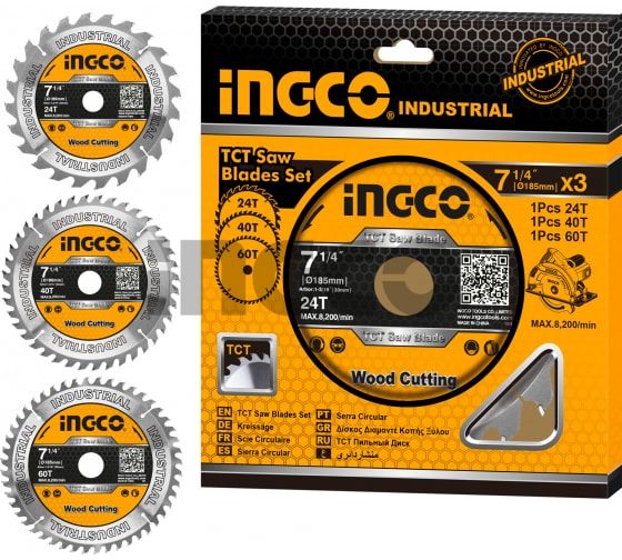 INGCO Набор пильных дисков по дереву INDUSTRIAL 3 шт/ 20T 40T 60T/ 185х30 мм