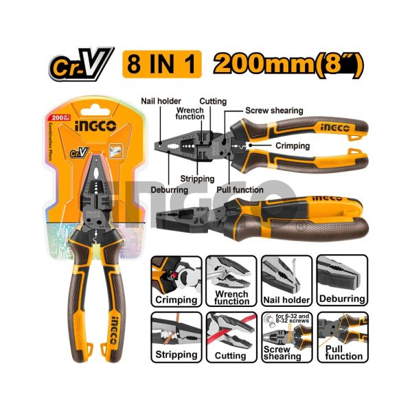 INGCO Плоскогубцы комбинированные многофункциональные 8-в-1 INDUSTRIAL 200мм 8"