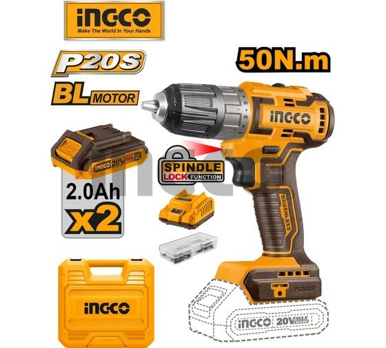 INGCO Дрель-шуруповерт аккумуляторная безударная Li-Ion INDUSTRIAL 20W 2Ач 2шт /50 Нм/ 15+1