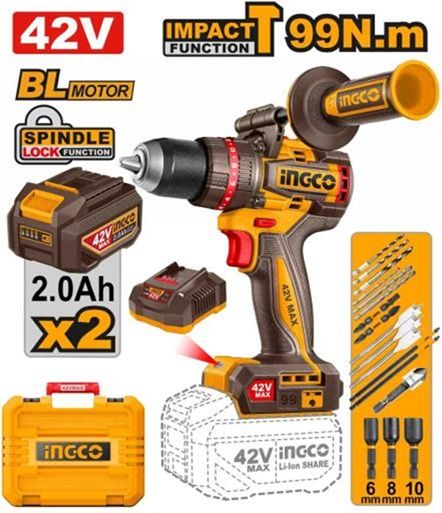 INGCO Дрель аккумуляторная ударная SUPER INDUSTRIAL Li-Ion 42Vmax 2Ач 2шт/99 Нм/ 22+1+1